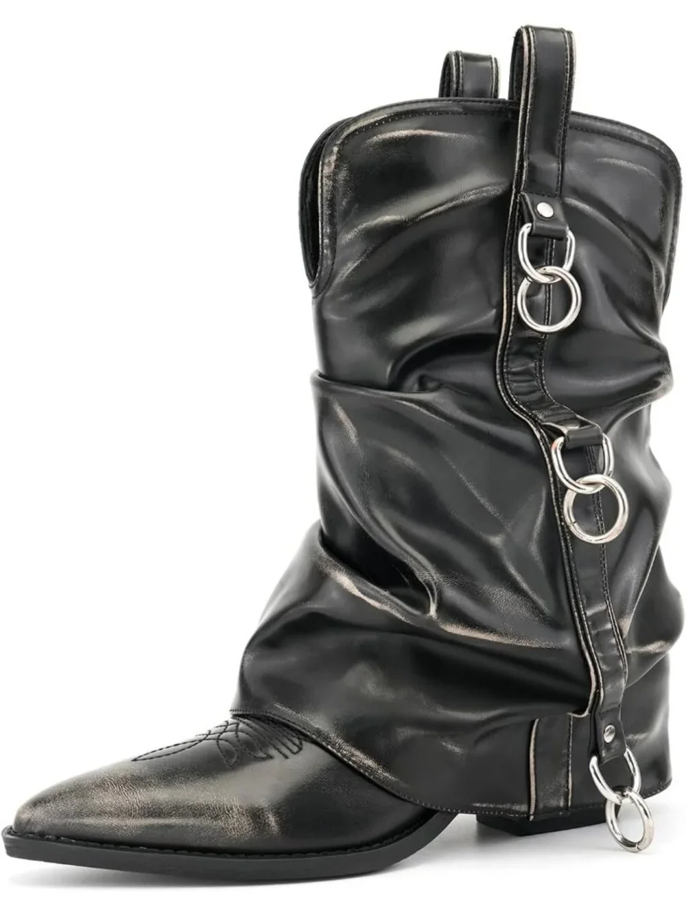 Women's Retro Grey Rubber Calf High and Pointed Toe Slouchy Riding Boots